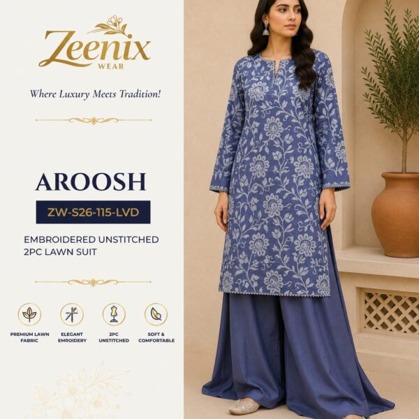 AROOSH Lavender Embroidered Unstitched 2 Piece Lawn Suit – Zeenix Wear