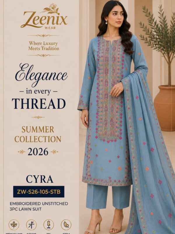 CYRA Embroidered Unstitched 3 Piece Lawn Suit – Zeenix Wear
