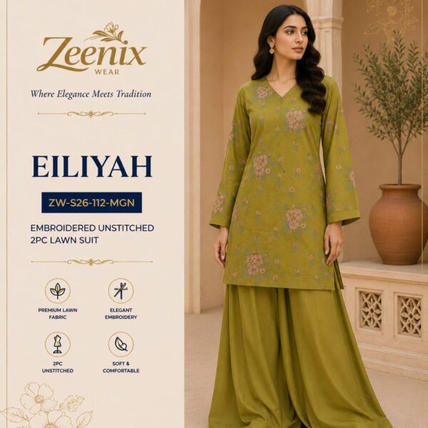 EILIYAH Mustard Green Embroidered Unstitched 3 Piece Lawn Suit – Zeenix Wear