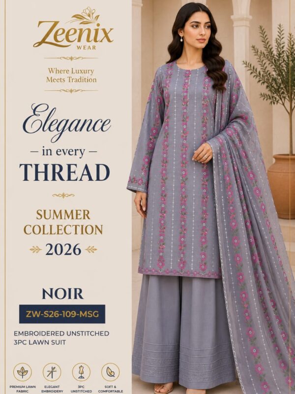NOIR Embroidered Unstitched 3 Piece Lawn Suit – Zeenix Wear