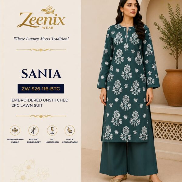 SANIA Bottle Green Embroidered Unstitched 2 Piece Lawn Suit – Zeenix Wear
