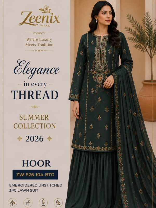 HOOR Embroidered Unstitched 3 Piece Lawn Suit – Zeenix Wear