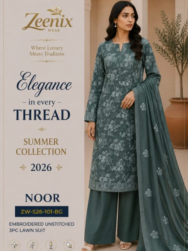 Noor (ZW-S26-101) | Embroidered Unstitched 3PC Lawn Suit