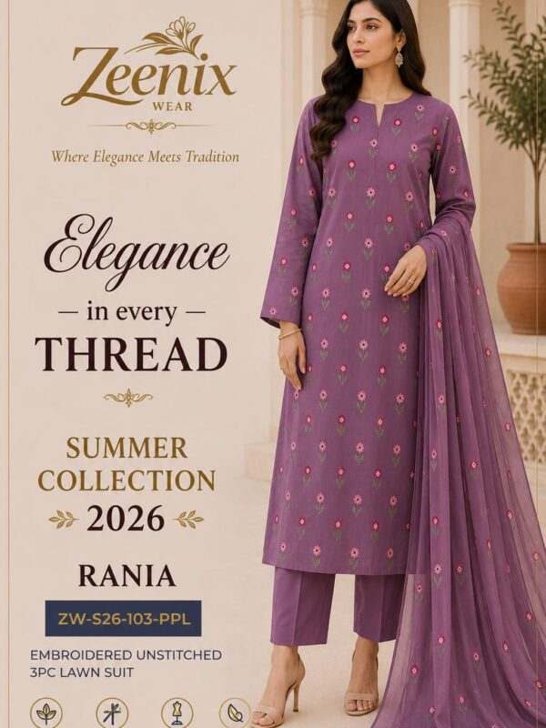 RANIA Embroidered Unstitched 3 Piece Lawn Suit – Zeenix Wear