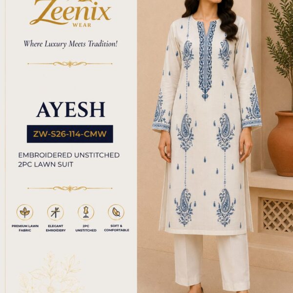 AYESH Cream White Embroidered Unstitched 2 Piece Lawn Suit – Zeenix Wear