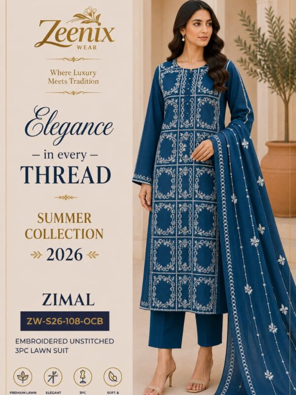 ZIMAL Embroidered Unstitched 3 Piece Lawn Suit – Zeenix Wear