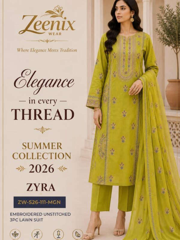 ZYRA Embroidered Unstitched 3 Piece Lawn Suit – Zeenix Wear